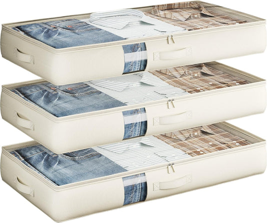 Under Bed Storage Containers with Window, Closet Organizers and Storage Bags, Foldable Underbed Storage Bags for Blankets, Clothing, Comforter, Linen Sheets, Wrapping Paper, 3 Pack, White Ivory