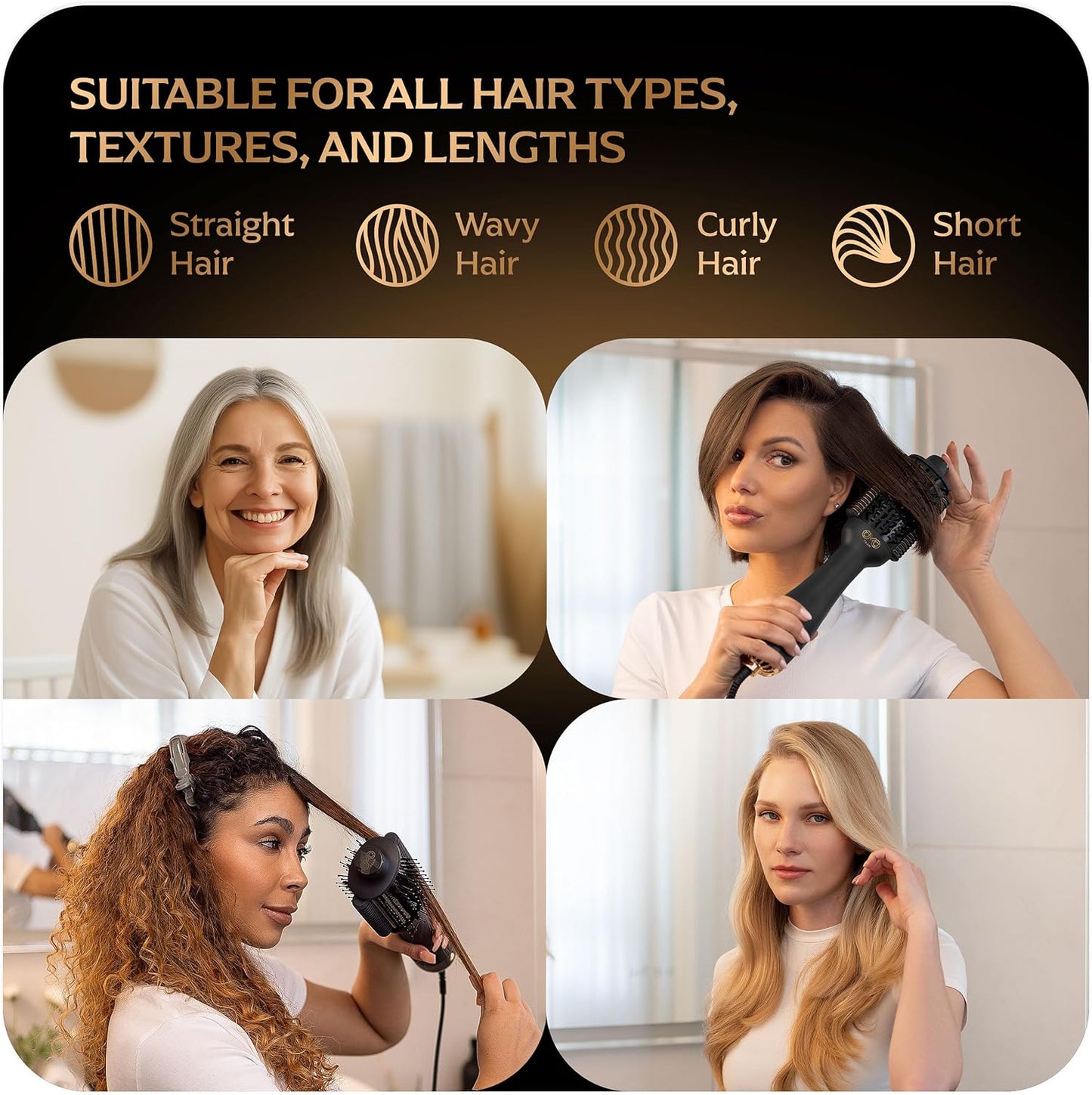Blowout Brush Hair Dryer, 4-in-1 Blow Drying Brush, Authomatic Dual Voltage, Ionic Hair Straightener w/No Heat Damage, Light 1.3 lb Blowout Tool, Blow Dryer Curling Wand, Hot Air Styler for All Types