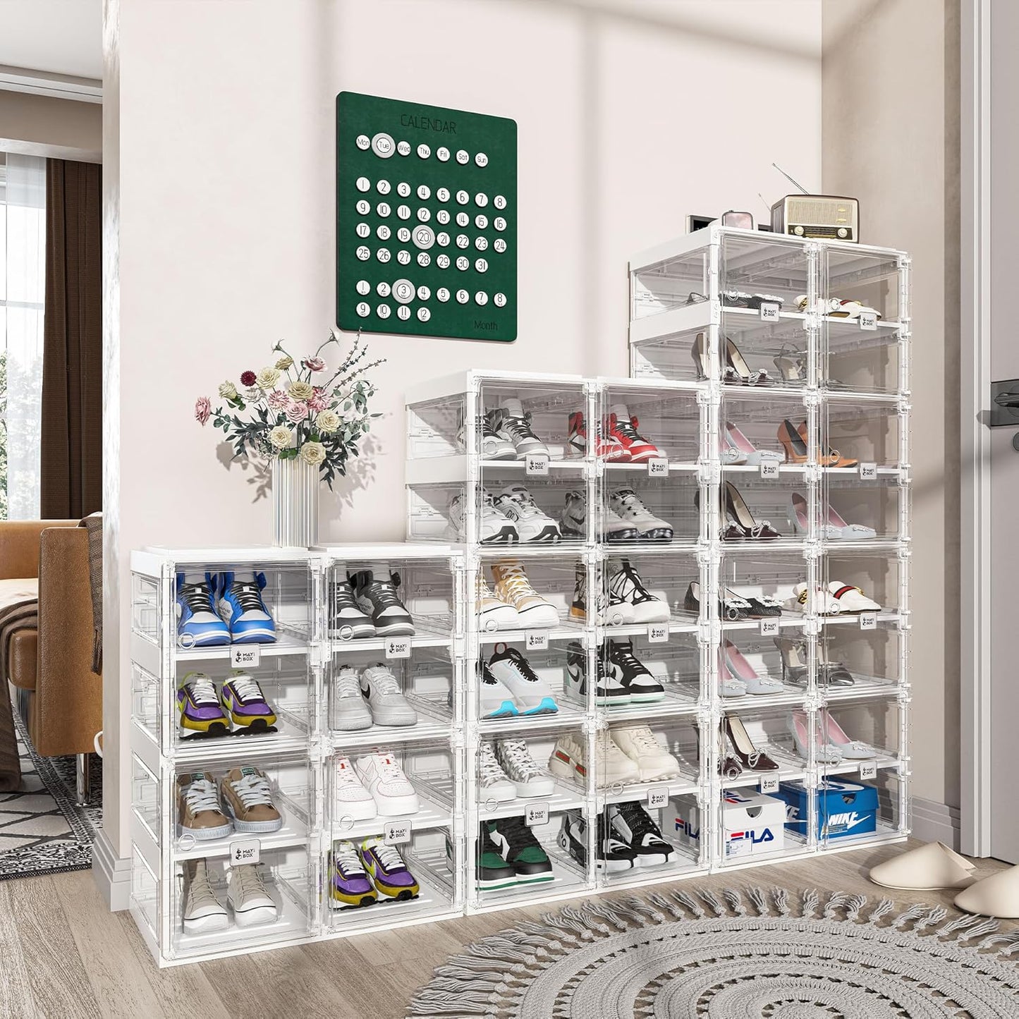 ANTBOX Foldable Shoe Rack,Shoe Organizers for Closet Plastic Shoe Storage Box Space Saving for Entryway, Large Sturdy Stackable Sneaker Cabinet Bins with Magnetic Clear Door 8 Tiers 16 Pairs