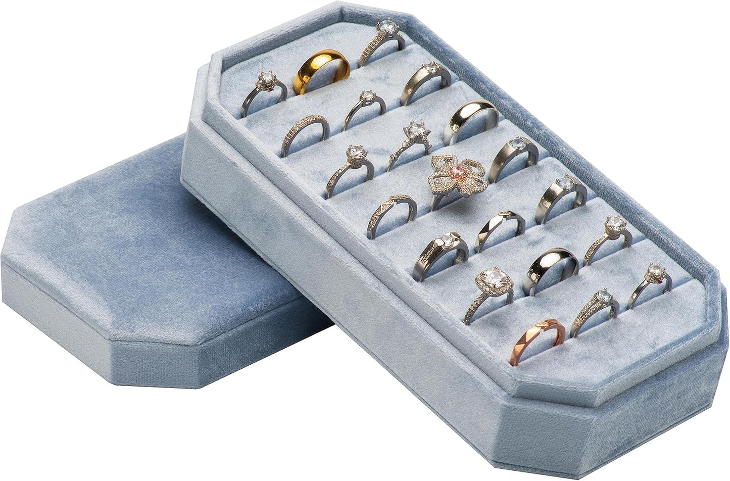 Velvet Ring Organizer Display Tray Jewelry Box Earring Holder Case for Wedding Birthday Christmas Day (Light Ocean Blue)