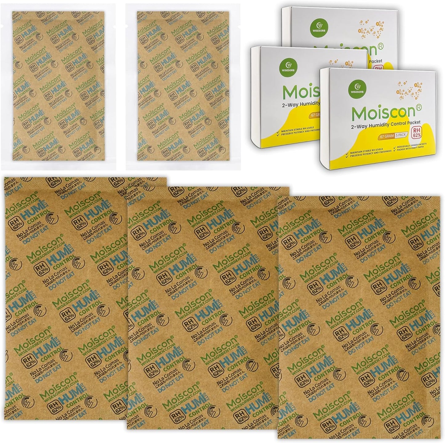 Size 67 62% Two-Way Humidity Control Packs for Storing 1 lb, 67 Gram 15 Pack Moisture Control Packets Individually Wrapped, Humidifier Packs for Storage Containers