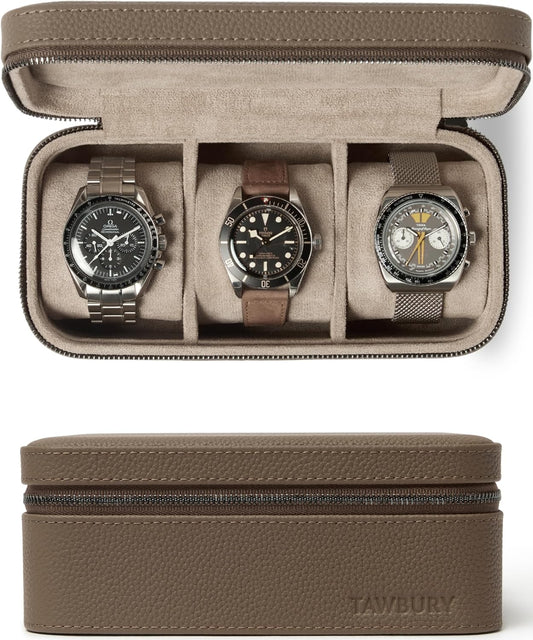 TAWBURY Luxury Leather Watch Box Unisex – Mens Travel Watch Case Zipper Closure | Taupe Top-Grain Genuine Leather Watch Travel Roll | Real Leather Watch Boxes for Men Travel | 3 Watch Carrying Case