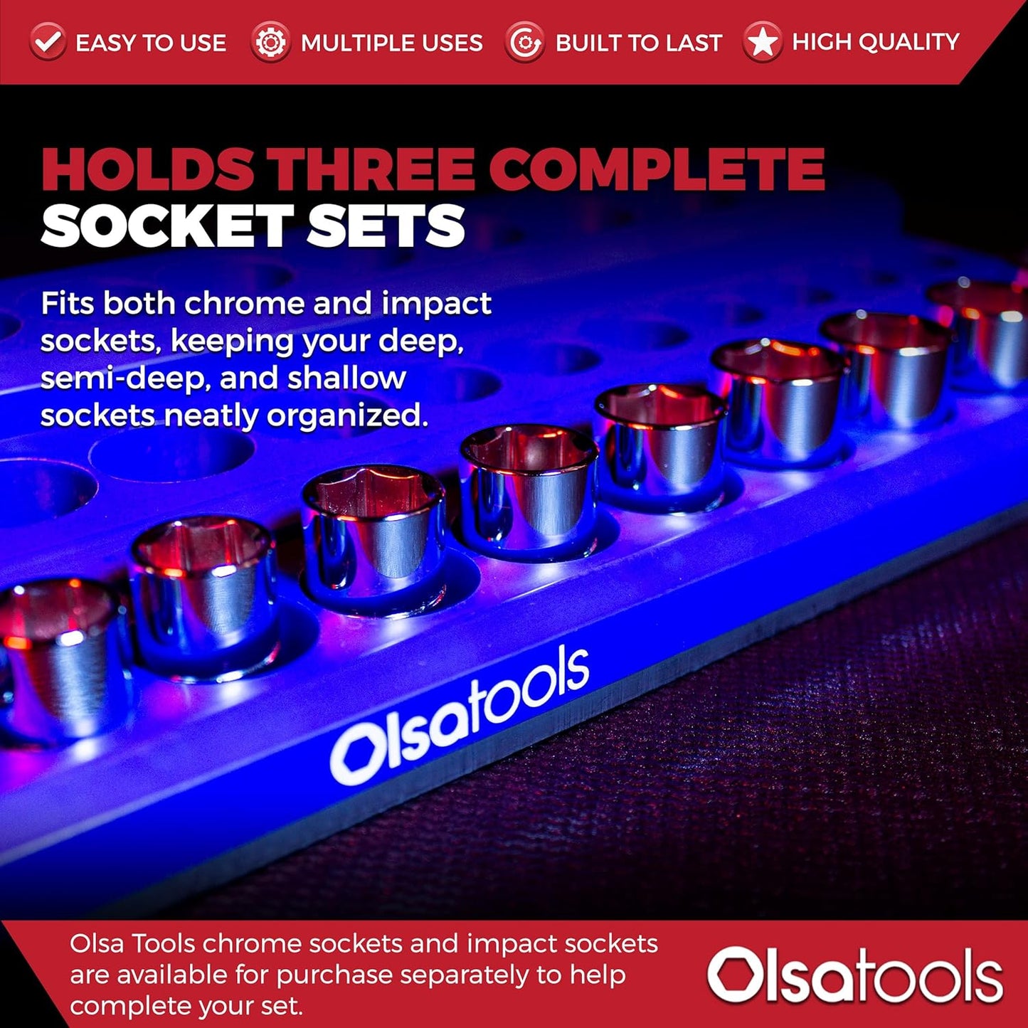 Olsa Tools Magnetic Socket Organizer (3/8-Inch Drive, 3-Row) - Magnetic Tool Organizer & Socket Holder - Tool Box Socket Organizers - Blue Blank - Holds 54 Sockets - Professional Grade - Part: 1683