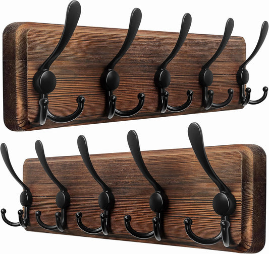 Dseap Coat Rack Wall Mounted - 5 Tri Hooks, Heavy Duty, Wooden Wall Coat Hanger Coat Hook for Clothes Hat Jacket Clothing, Natural & Black, 2 Packs