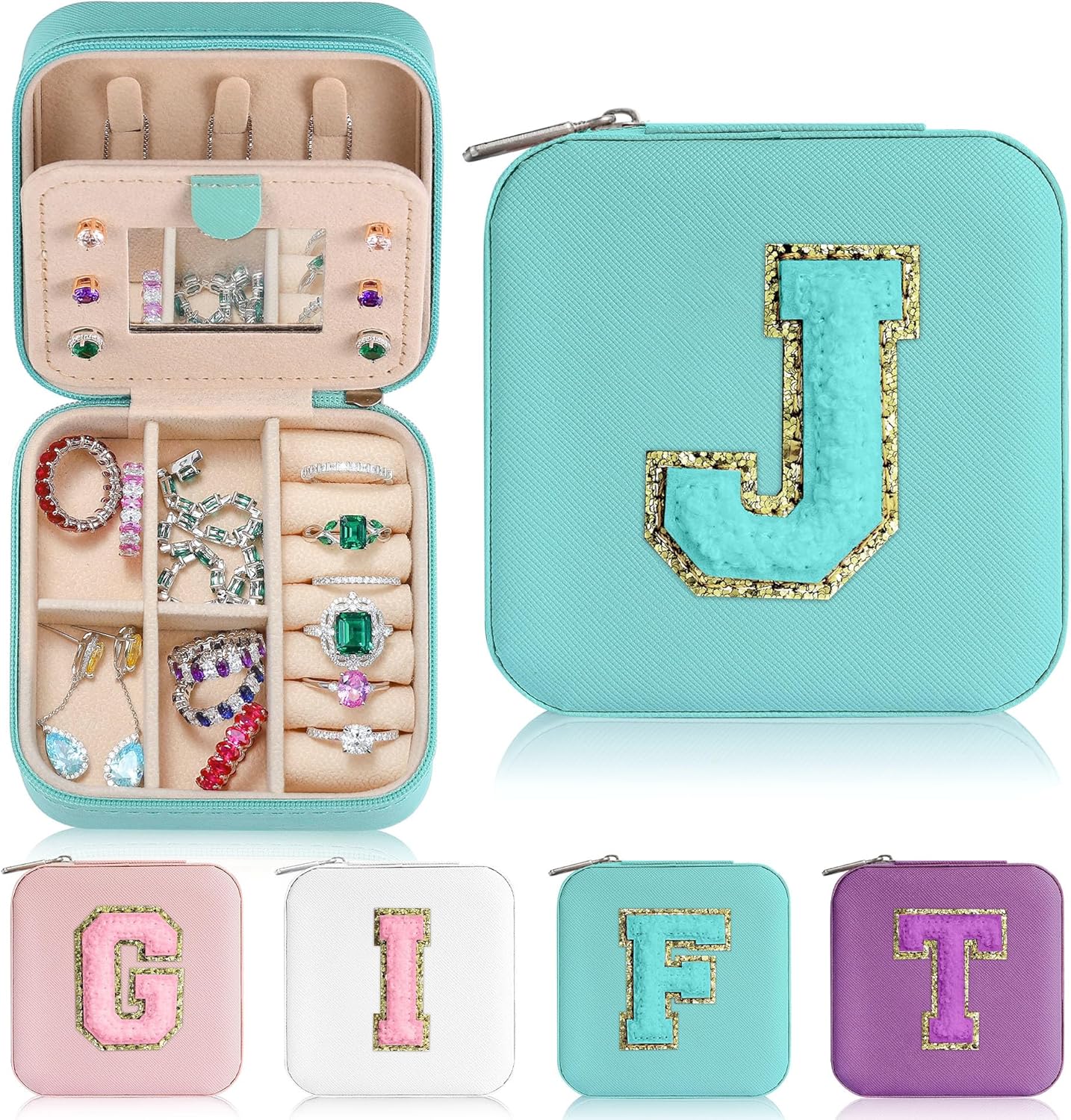 Parima Travel Jewelry Box for Girls Women, Jewelry Organizer Box | Personalized Jewelry Boxes for Women Girls Jewelry Box | Necklace Earrings Ring Box - Letter J, Aqua Blue