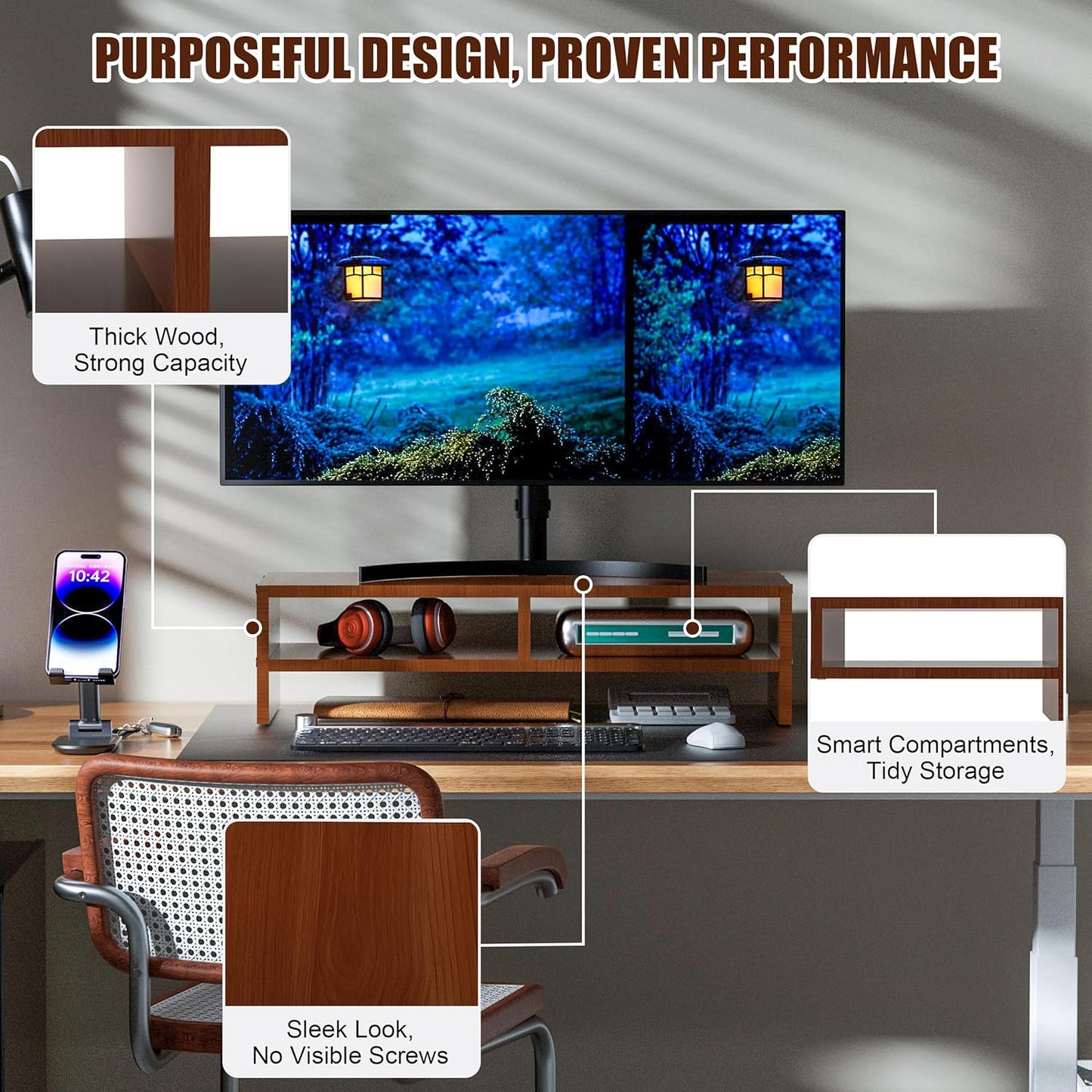 Monitor Stand Riser with Storage, 2 Tier Desk Organizer & Desktop Wood Shelf, Ergonomic Computer Stand for Laptop, PC & Printer, 16" Small TV Riser with 50 lbs Weight Capacity, Walnut Brown