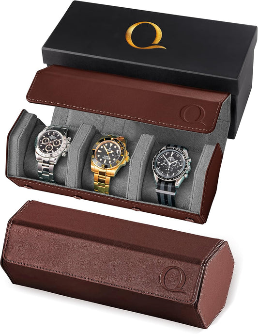 QWATCHBANDS Napa Leather Watch Rolls for Men - Hexagon Triple Watch Roll Travel Case for 3 Watches - Storage Organizer Genuine Leather with Velvet Interior Display (Brown/Gray)