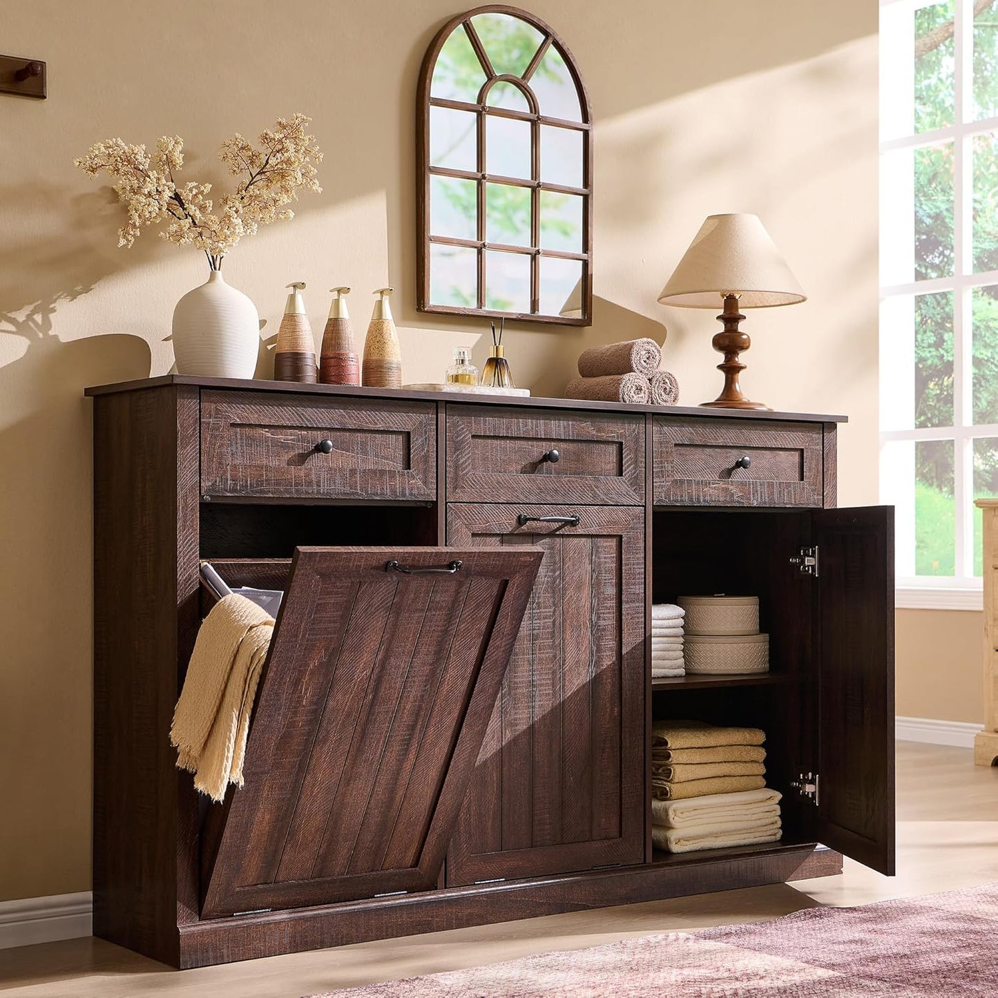 Triple Tilt Out Laundry Hamper Cabinet, 20 Gallon Farmhouse Trash Can Cabinet w/Drawer & Adjustable Shelf, Hidden Garbage Can Bin Cabinets w/Laundry Basket for Bathroom, Kitchen (Brown)