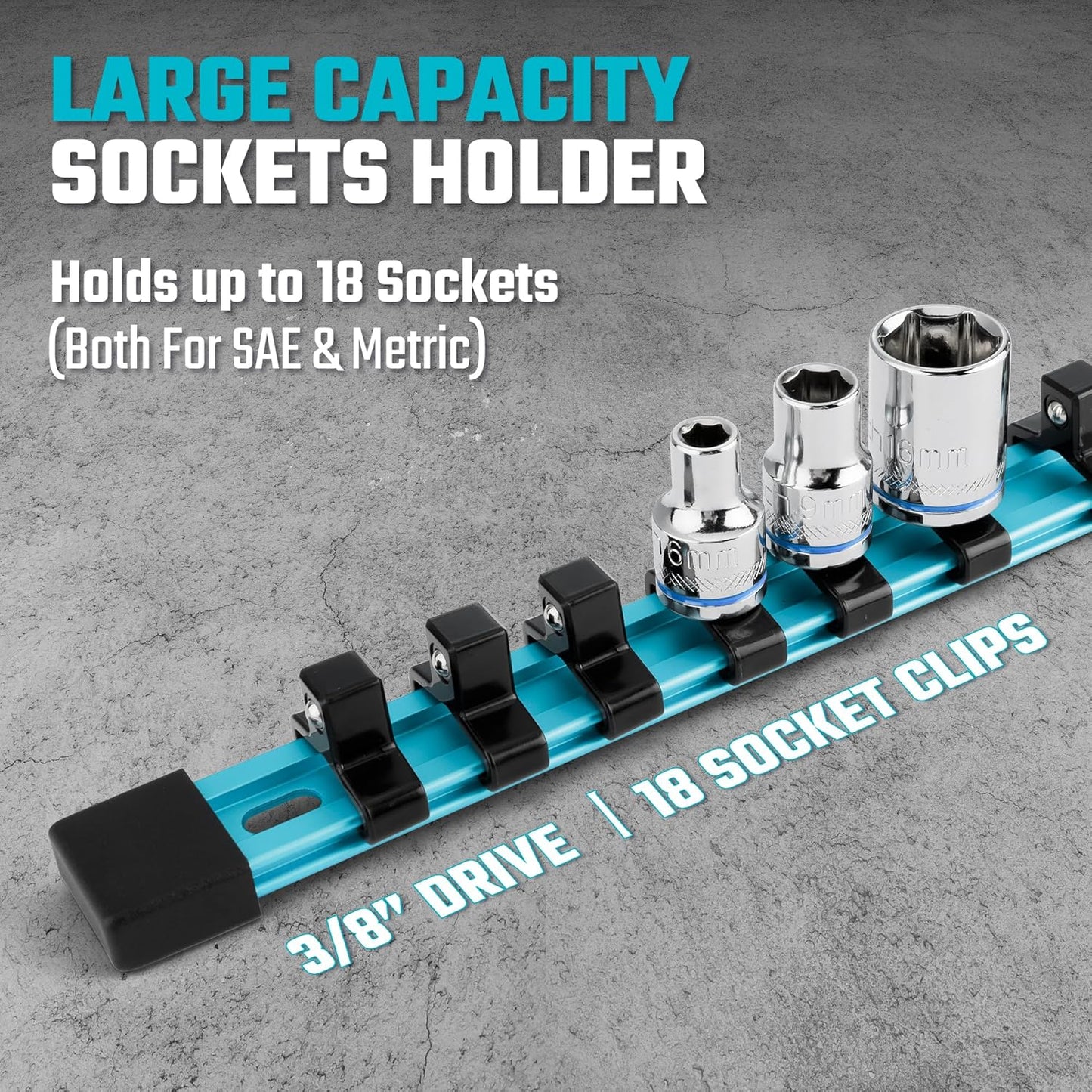 DURATECH Socket Organizer, 3/8-Inch Aluminum Alloy Socket Holder, Heavy Duty Socket Rail Hold 18 Sockets