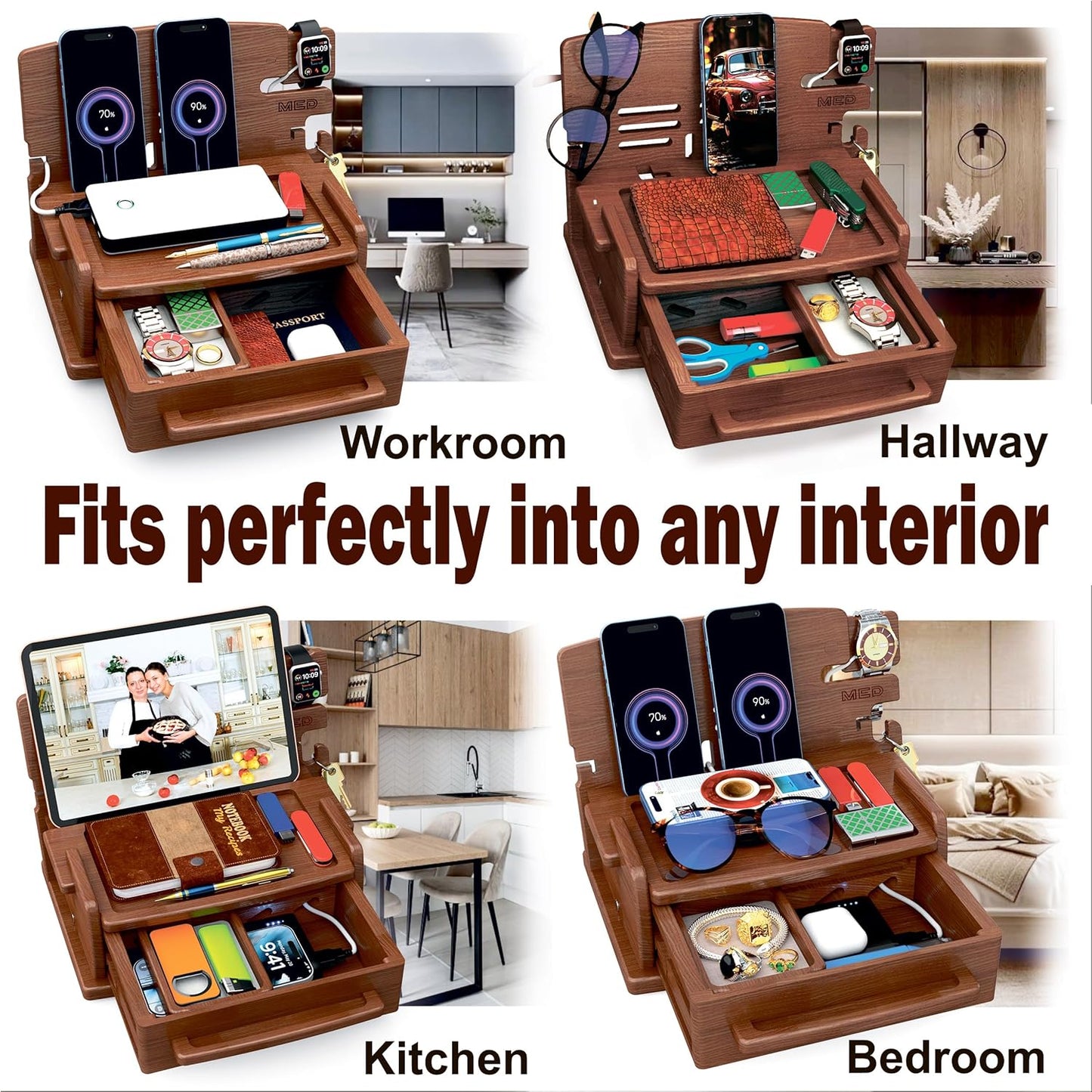 MED Wood Phone Docking Station – Nightstand Desk Organizer for Phone, Watch, Wallet & Tablet – Gift for Men, Husband, Dad & Women – Wooden Charging Stand (Dark Walnut, Model 3)