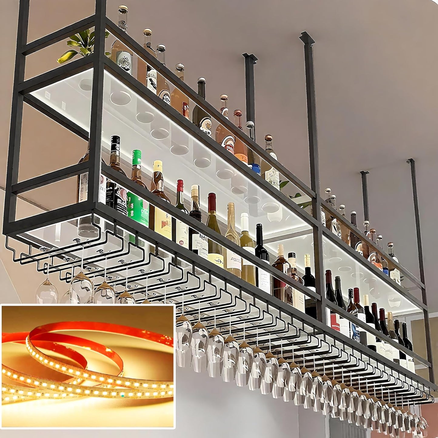 39.3IN Acrylic Ceiling Wine Glass Rack with Transparent Shelves, Hanging Wine Rack with Glass Holder and LED lights, 2 Layer Ceiling Bottle Holder Shelf for Bar Kitchen Decorate (39.3in/100cm)