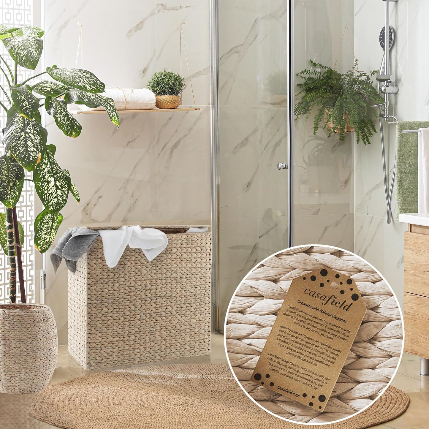 Casafield 2-Section Laundry Hamper with Removable Liner Bags - Whitewash, Woven Water Hyacinth Double Laundry Basket Sorter for Clothes and Towels