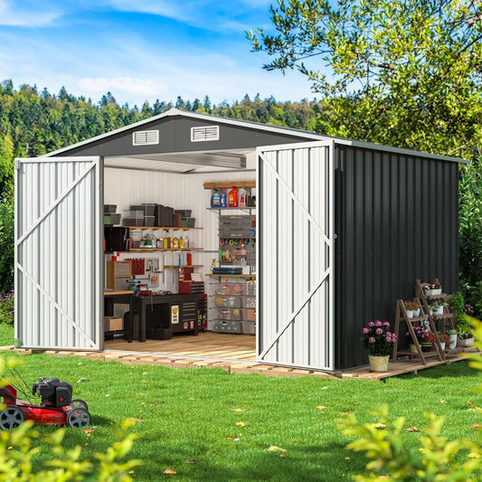 8x10 FT Outdoor Storage Shed, Metal Garden Tool Shed with Updated Frame Structure and Lockable Doors, Ideal for Backyard Garden Patio Lawn, Grey
