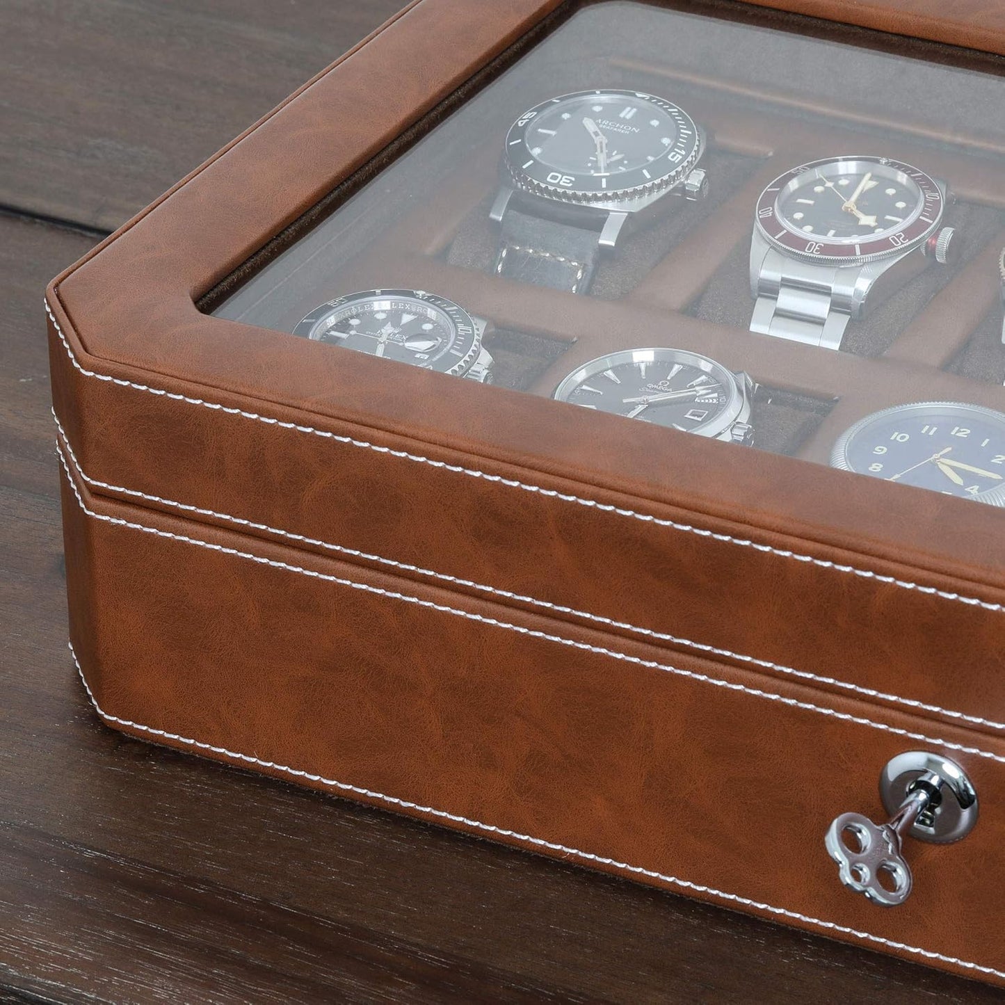 ROTHWELL 12 Slot Leather Watch Box - Luxury Watch Case Display Organizer, Microsuede Liner, Locking Mens Jewelry Watches Holder, Men's Storage Boxes Holder Large Glass Top (Tan/Brown)