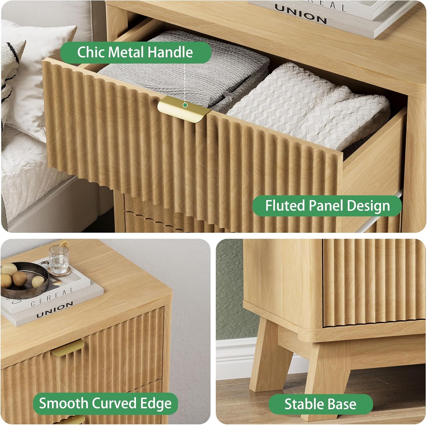 Fluted Nightstand with 3 Storage Drawers, 24" Wide Wood Bedside Table with Mental Handle, Mid Century Modern Wooden Side Table Night Stand, Curved End Table for Bedroom, Living Room, Oak