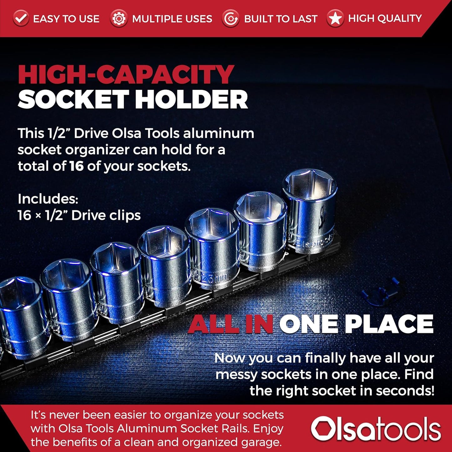 Olsa Tools 1/2-Inch Drive Aluminum Socket Organizer with Locking End Caps | Professional Quality Socket Holder (BLACK)