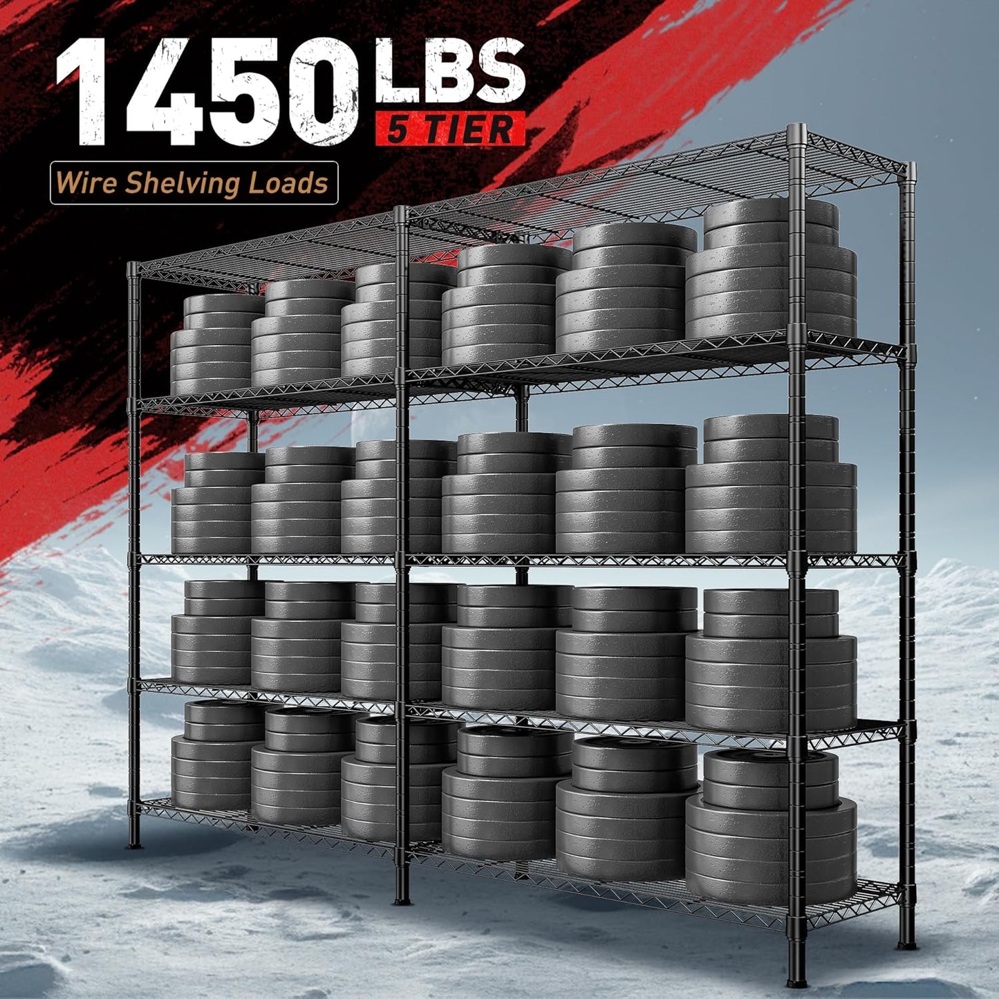 REIBII 1450LBS Metal Shelving Unit Storage Shelves 5 Tier Wire Shelving 58.1''W Pantry Shelves Wire Shelf Adjustable Garage Shelving Heavy Duty Storage Rack for Pantry Kitchen Garage, Black