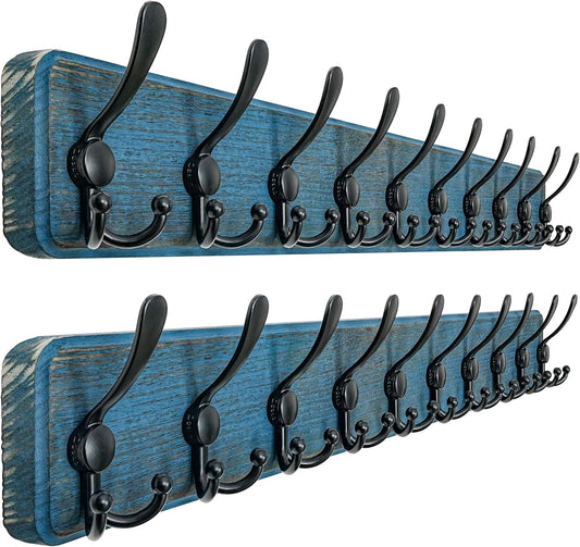 Dseap Coat Rack Wall - Heavy-duty 38-1/4" Long, with Reinforced 10 Custom Tri-Hooks, Solid Wood Wall Hanger for Coats Hat Jackets - Rustic Farmhouse Entryway Storage, Weathered Blue & Black, Pack of 2