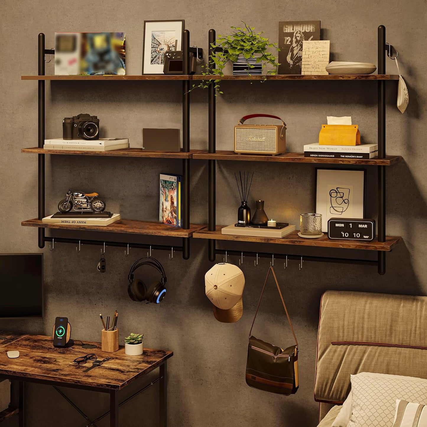 Bestier 3 Tier Industrial Pipe Shelving, Floating Book Shelves for Wall, Storage Hanging Shelves with Towel Bar for Bathroom Organizer Bedroom Kitchen Plants Office. 31.5 Inch Rustic Brown
