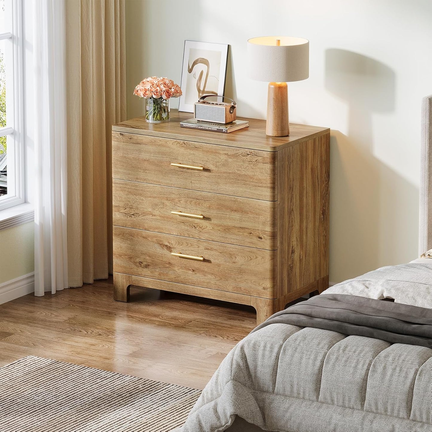Tribesigns Oversized Nightstand with 3 Drawers, 31.5-Inch Wide Wood Farmhouse Night Stand with Storage and Gold Mental Handles for Bedroom, Brown (1)