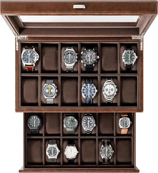 TAWBURY 24 Slot Watch Box for Men - Extra Large Watch Case with Double-Layer Design for Optimized Storage | Removable Drawer for Easy Handling (Brown)