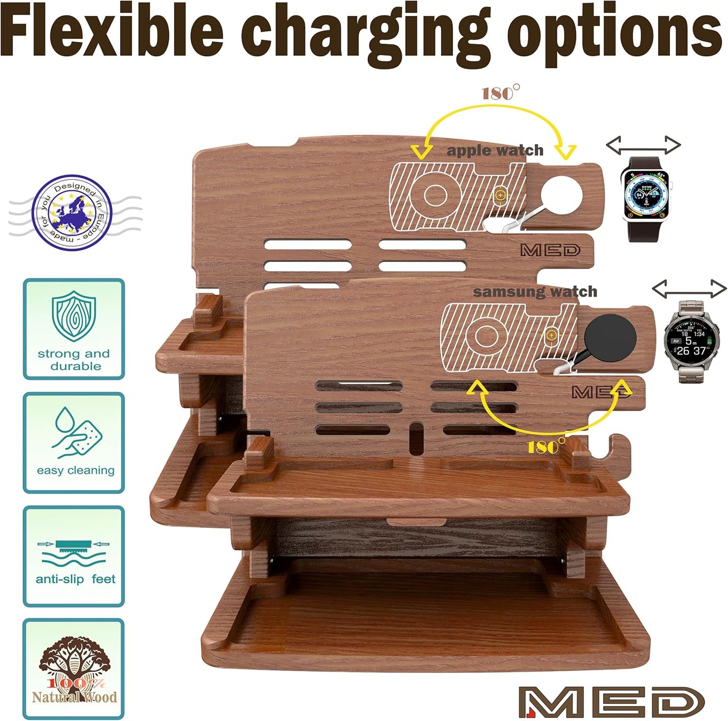 MED Wood Phone Docking Station – Nightstand Desk Organizer for Phone, Watch, Wallet & Tablet – Gift for Men, Husband, Dad & Women – Wooden Charging Stand, (Black, Model 2)