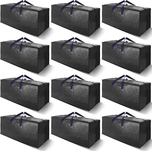 12 Pack Heavy Duty Extra Large Moving Bags W/Backpack Straps - Strong Handles & Zippers, Storage Totes For Space Saving, Fold Flat, Alternative to Moving Box and Storage Bin, Black