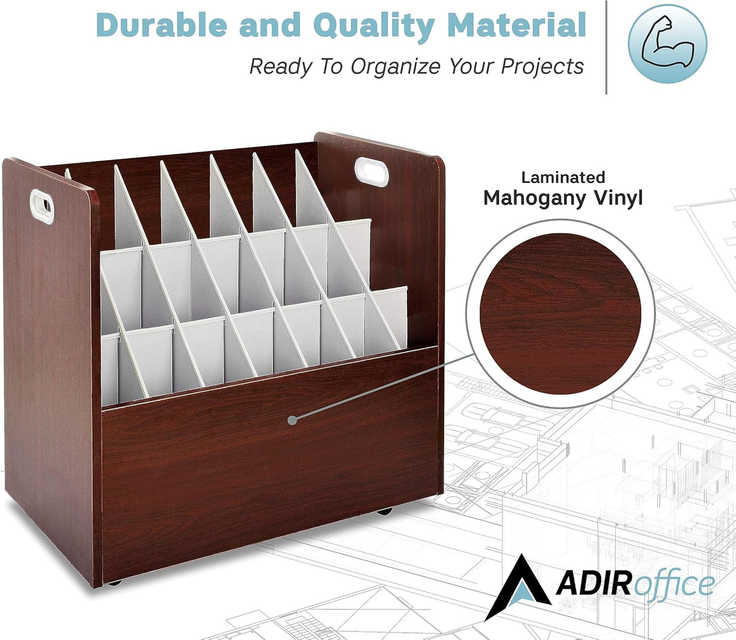 AdirOffice Adir Blue Print Storage Organizer - Mobile Roll File Cart, Construction Plan Holders, Blueprint Cabinet with Wheels, Roll Files Storage for Office and Home (21 Slots, Mahogany)