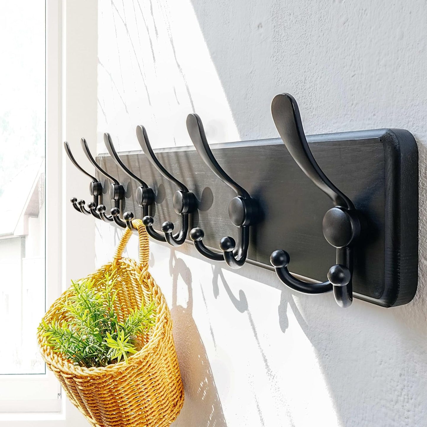 Dseap Coat Rack Wall Mounted - 24" Long 6 Tri Hooks, Heavy Duty Wooden Wall Coat Hanger Coat Hook for Clothes Hat Jacket Clothing, Black, Pack of 2