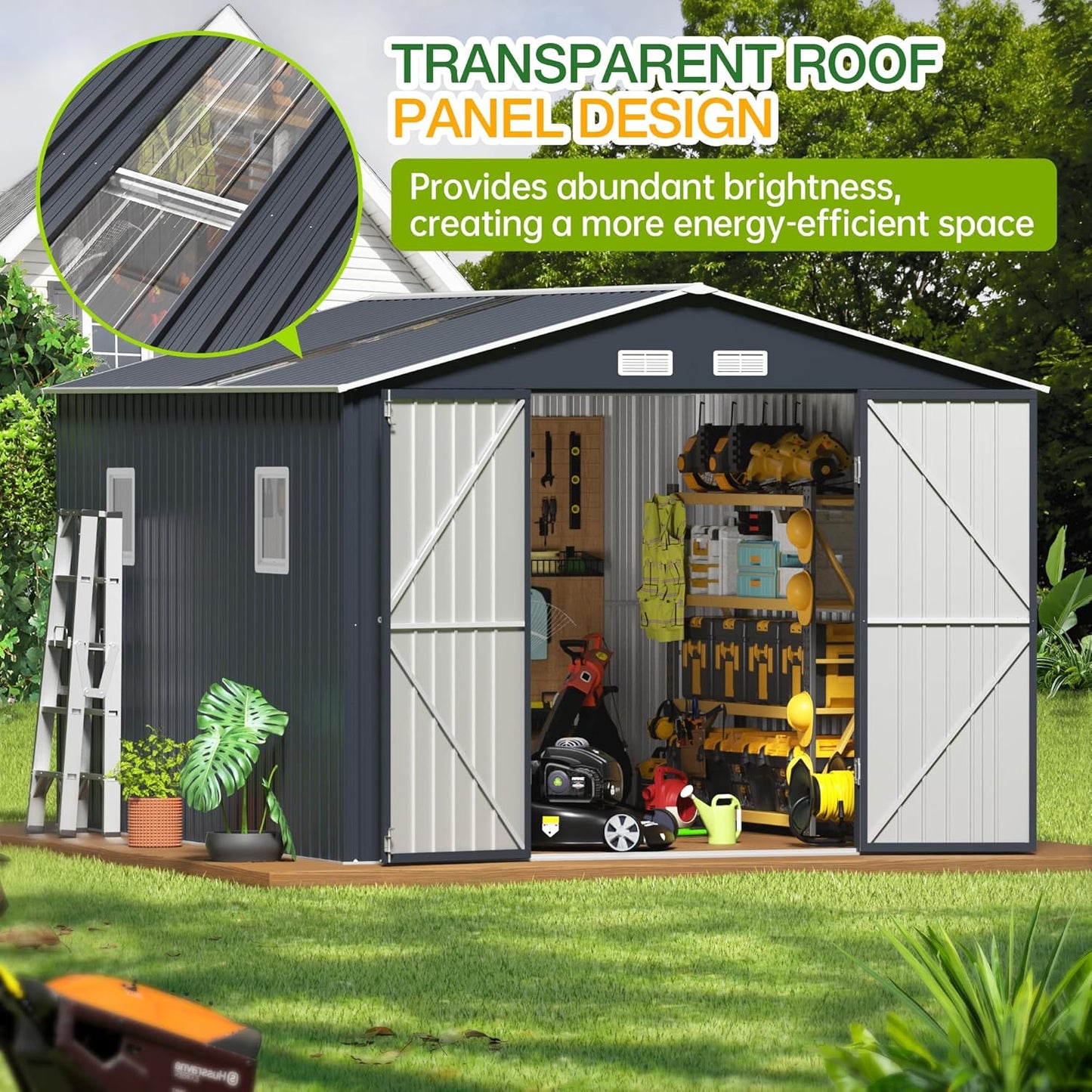 Breezz Outdoor Storage Shed 10 x 12 ft. Utility Tool Shed Metal Storage Garden Shed with Lockable Doors, Windows for Patio Storage, Nightblue