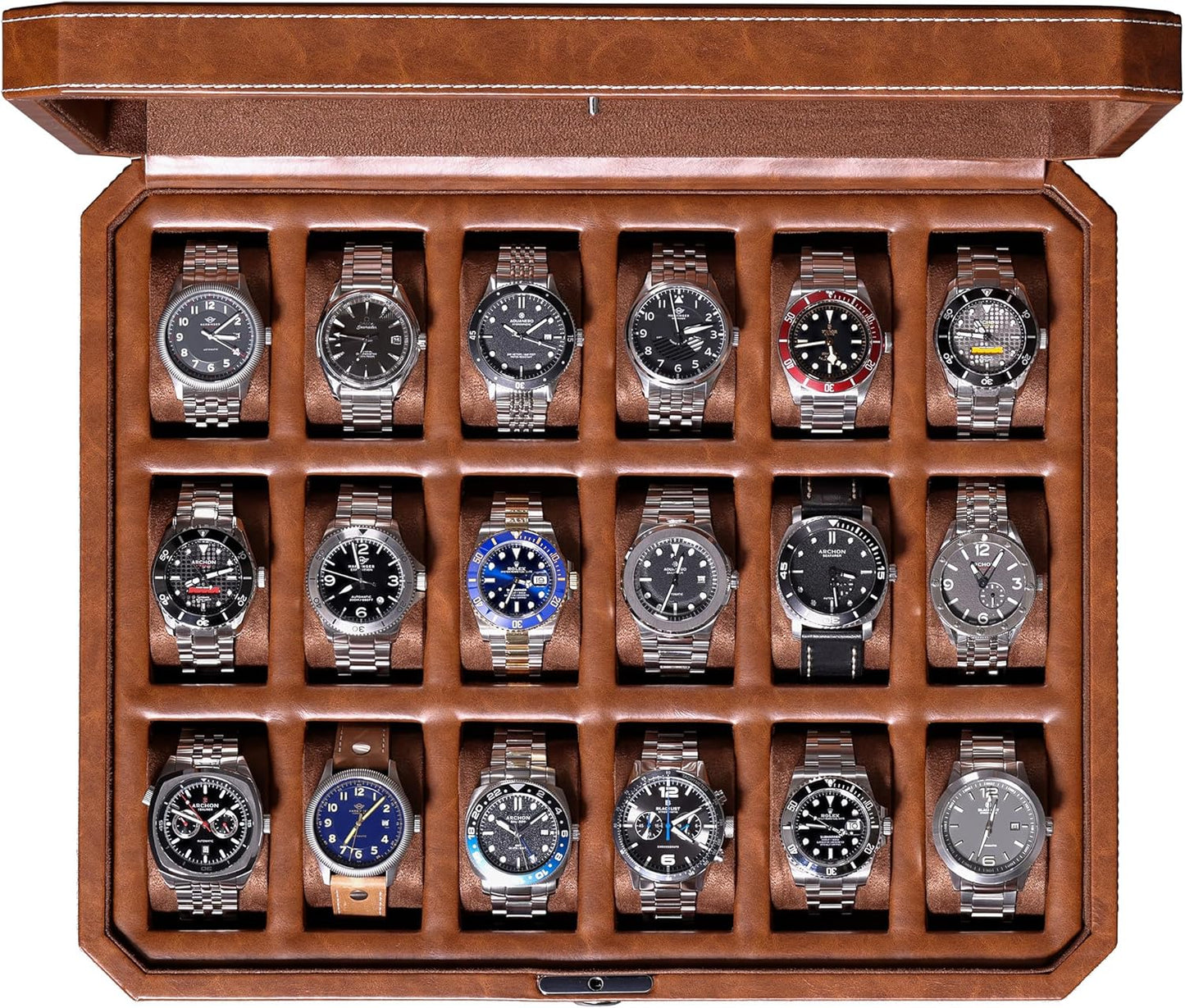 ROTHWELL 18-Slot Watch Case – Luxury Watch Box for Men, Real Glass Top, Lockable, Elegant Display for Collections (Tan/Brown)