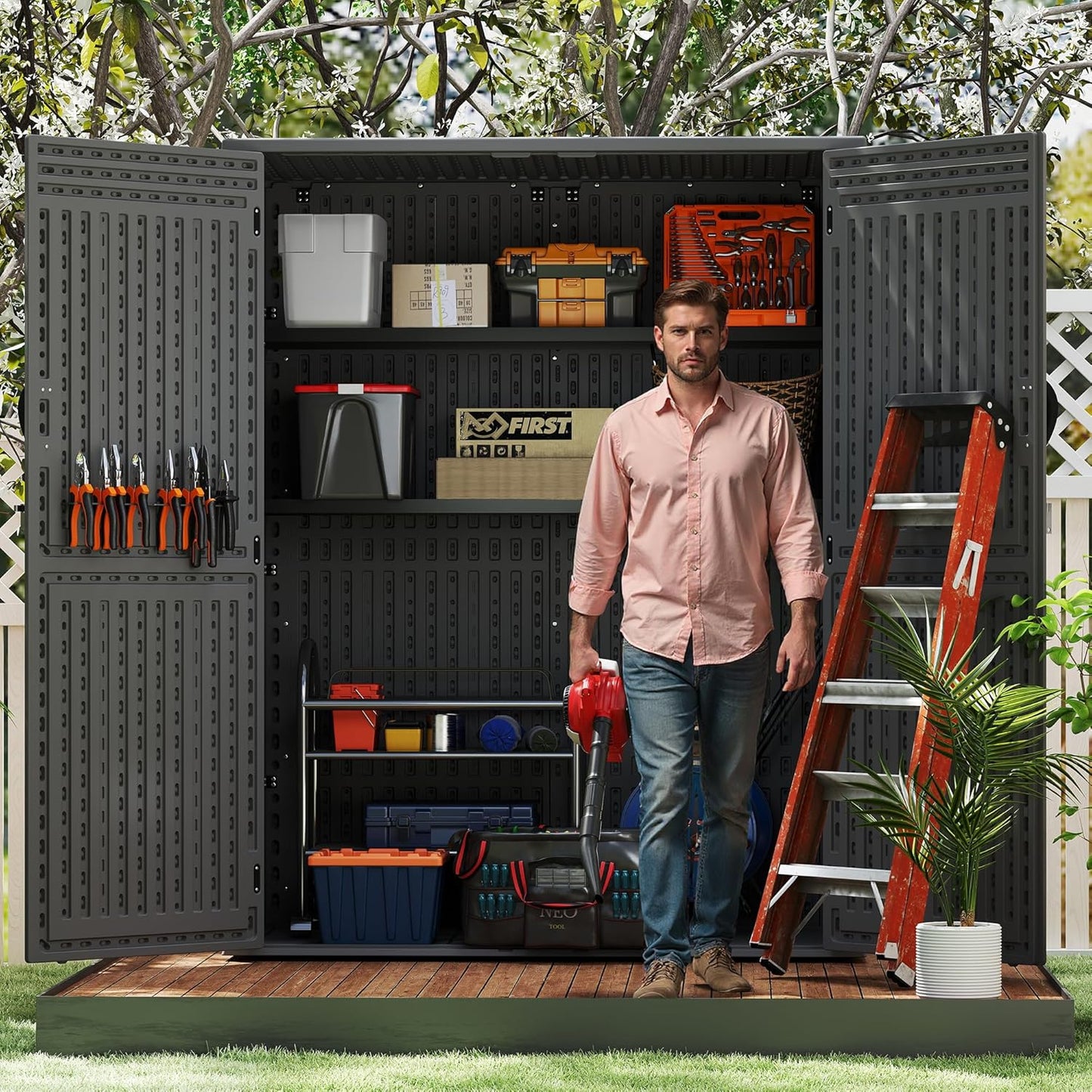 EHHLY Vertical Resin Storage Shed with 2 Shelves, 60 Cuft Garden Tool Sheds & Outdoor Storage, Plastic Outdoor Storage Cabinet Waterproof, 4.5 x 2.3 ft Backyard Outside Lawn Mower Storage Shed, Grey