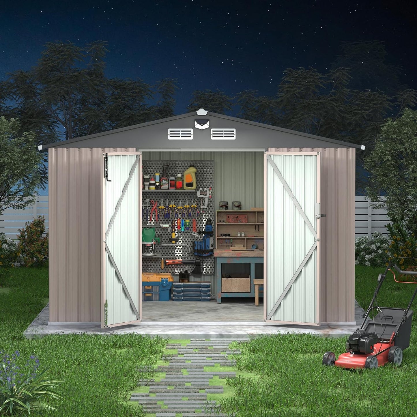 8x10 FT Metal Storage Sheds Outdoor with Solar Light, MetalTool Shed with Lockable Door, MetalYard Sheds Garden Shed Kit, Metal UtilitySheds Buildings with Air Vent for Backyard Garden Patio Lawn
