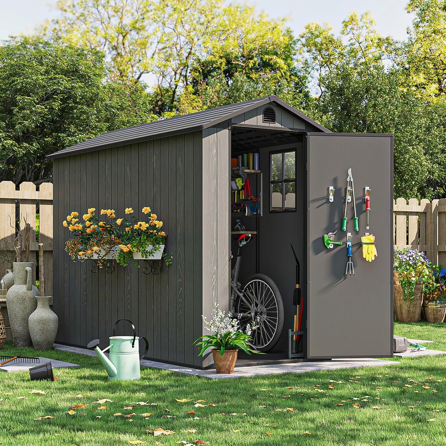 Patiowell 4 x 8 FT Plastic Outdoor Storage Shed with Floor, Garden Tool Shed with Two Windows and Single Lockable Door for Garden, Backyard, Lawn, Easy to Install (Dark Grey) (Fit-it Shed)