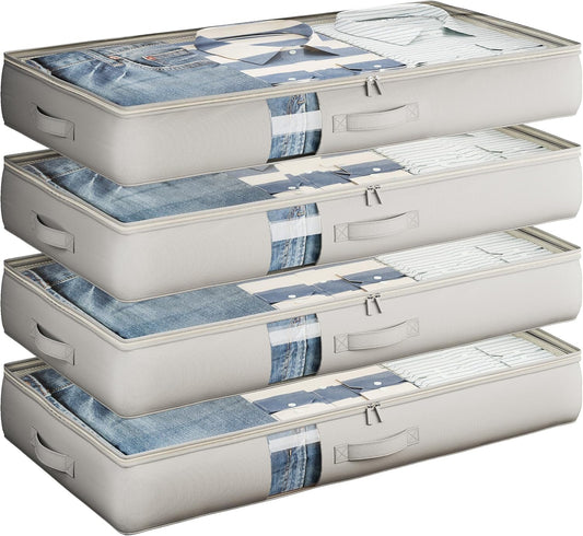 Under Bed Storage Containers with Window, Closet Organizers and Storage Bags, Foldable Underbed Storage Bags for Blankets, Clothing, Comforter, Linen Sheets, Wrapping Paper, 4 Pack, Grey