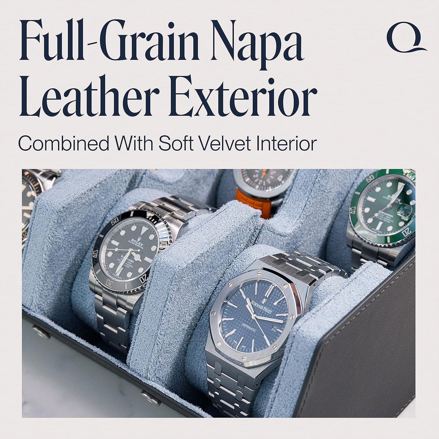 QWATCHBANDS Napa Leather Watch Case for Men - Watch Roll Storage Organizer & Watch Display - Six Slot Luxury Watch Box for Home or Travel - Mens 6 Watch Holder Case (Gray Blue)