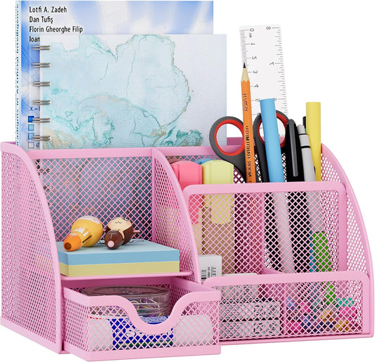 EasyPAG Mesh Desk Organizer with Drawer Multi-functional Pen Holder Stationery Organizer for Office School Supplies 6 Compartments Dorm Organizers and Storage for Desk, Light Pink