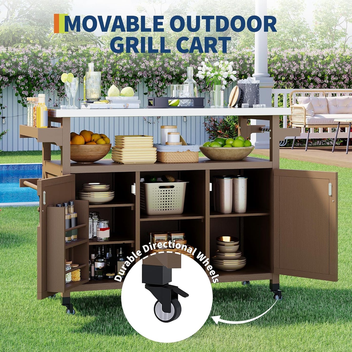 Outdoor Grill Cart with Storage Cabinet, Wood Outdoor Kitchen Island on Wheels, Grill Cart Table with Stainless Steel Table Top, Spice Rack, Towel Rack & Lockable Wheels for Kitchen,BBQ, Coffee