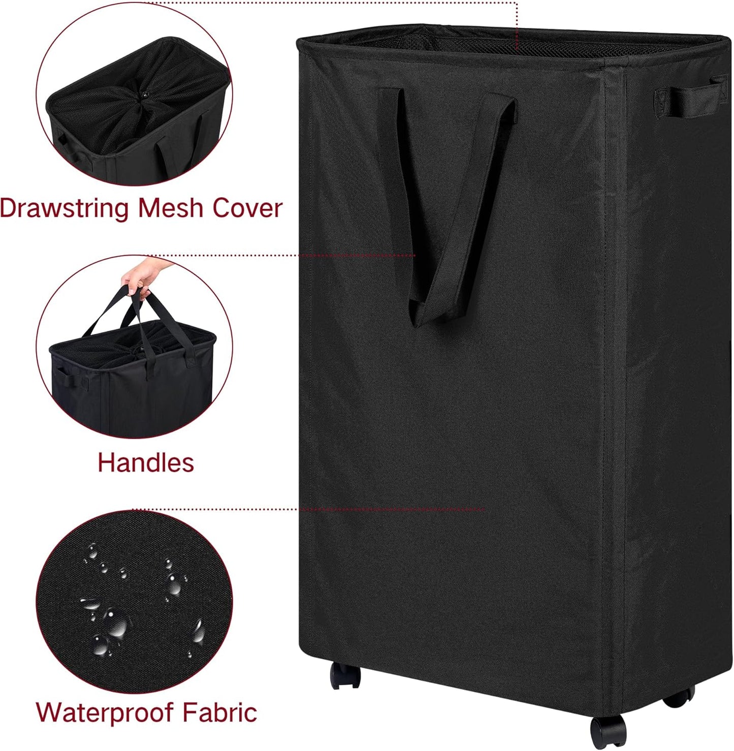 efluky Slim Rolling Laundry Basket for Clothes, Bedroom & Dorm (Black, 75L)