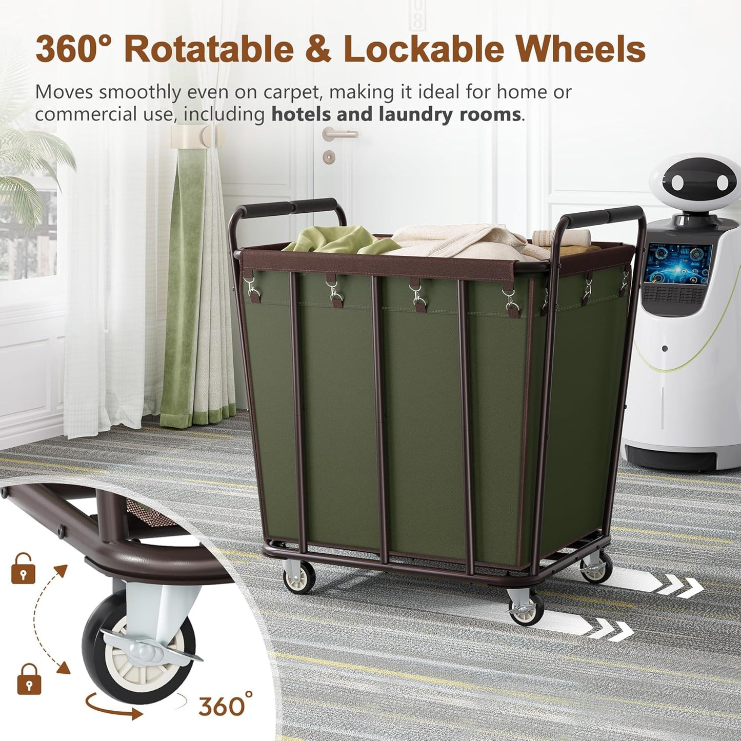 Hoctieon Large Laundry Cart with Wheels, 400L Heavy Duty Laundry Basket Organizer, Rolling Hamper Sorter for Clothes Storage, Industrial Dirty Clothes Hamper for Home & Hotel, Green+Brown