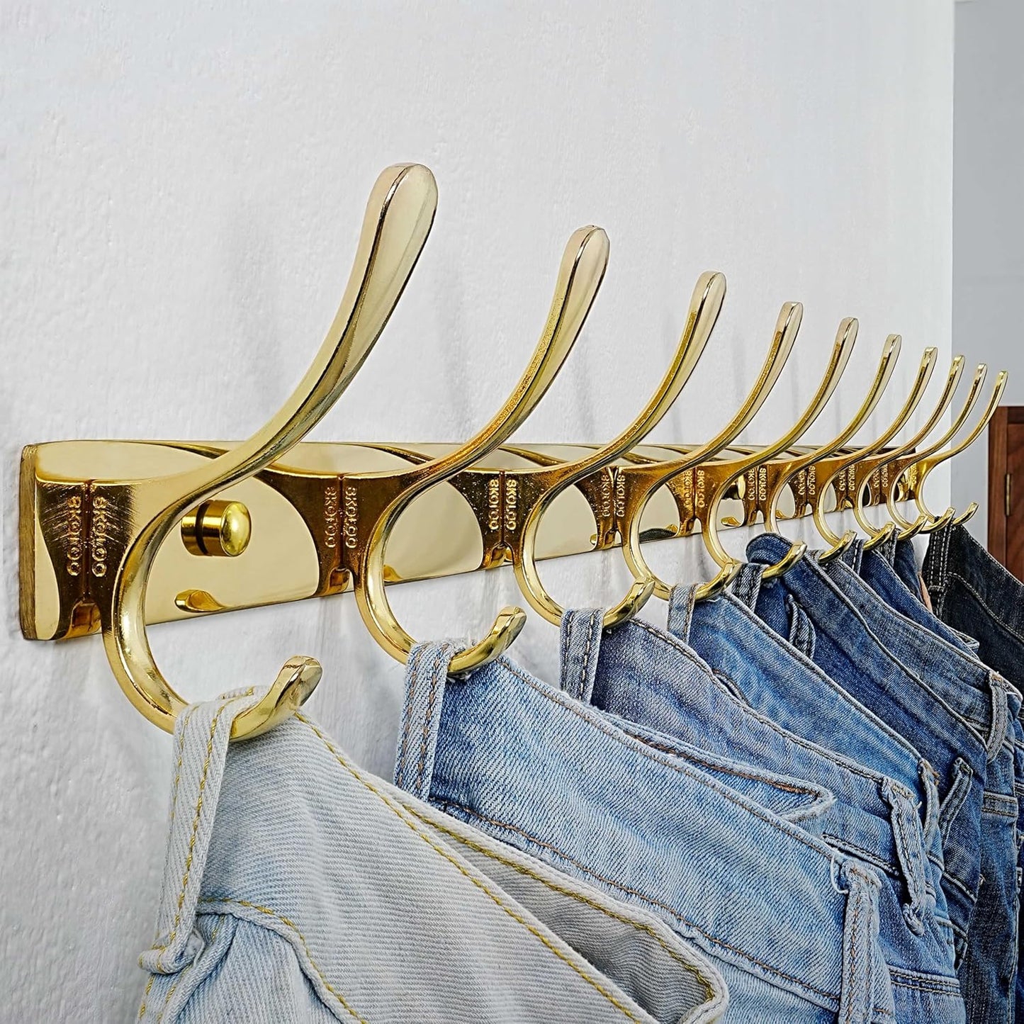 SKOLOO Wall Mounted Coat Rack - 10 Hooks, Heavy Duty, Stainless Steel, Metal Wall Hangers, Sturdy Coat Hooks for Hanging Coats, Jacket, Clothes, Hat, Bright Gold