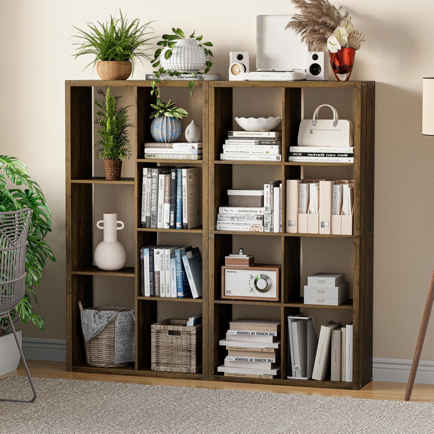 Cube Storage Organizer Bookcase, Decorative 11 inch Open Back Cubical Shelf with Thickened Border, Display Bookshelf for Living Room, Home Office, Sturdy Room (Brown, 7 Cube)