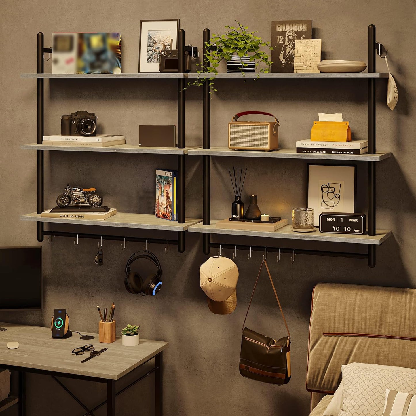 Bestier 3 Tier Industrial Pipe Shelving, Floating Book Shelves for Wall, Storage Hanging Shelves with Towel Bar for Bathroom Organizer Bedroom Kitchen Plants Office. 31.5 Inch Retro Grey