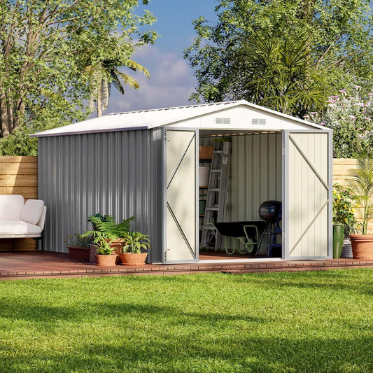 Patiowell 12 x 8 FT Outdoor Storage Shed, Steel Shed Storage House with Design of Lockable Doors, Utility and Tool Storage for Garden, Patio, Backyard, Outside use, Gray