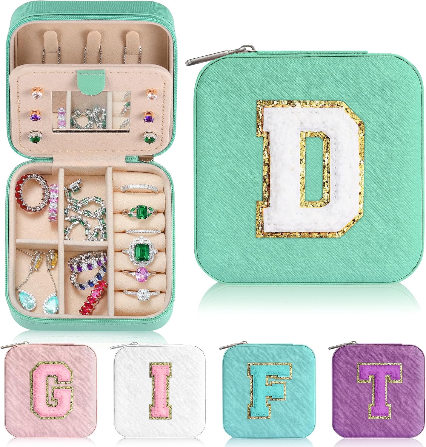 Parima Initial Jewelry Box for Women Girls, Blue Jewelry Travel Case | Chenille Letter Patches Jewelry Box | Multifunctional Personalized Travel Jewelry Case | Birthday Gifts - Letter D, Blue