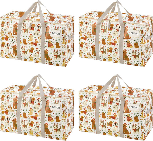 VENO 4 Pack Moving Bags and Large Christmas Storage Bins with lids. Alternative to Moving Boxes, Packing Supplies for College. Extra Large Heavy Duty Totes for Packaging (Holiday Pups, 4 Pack)