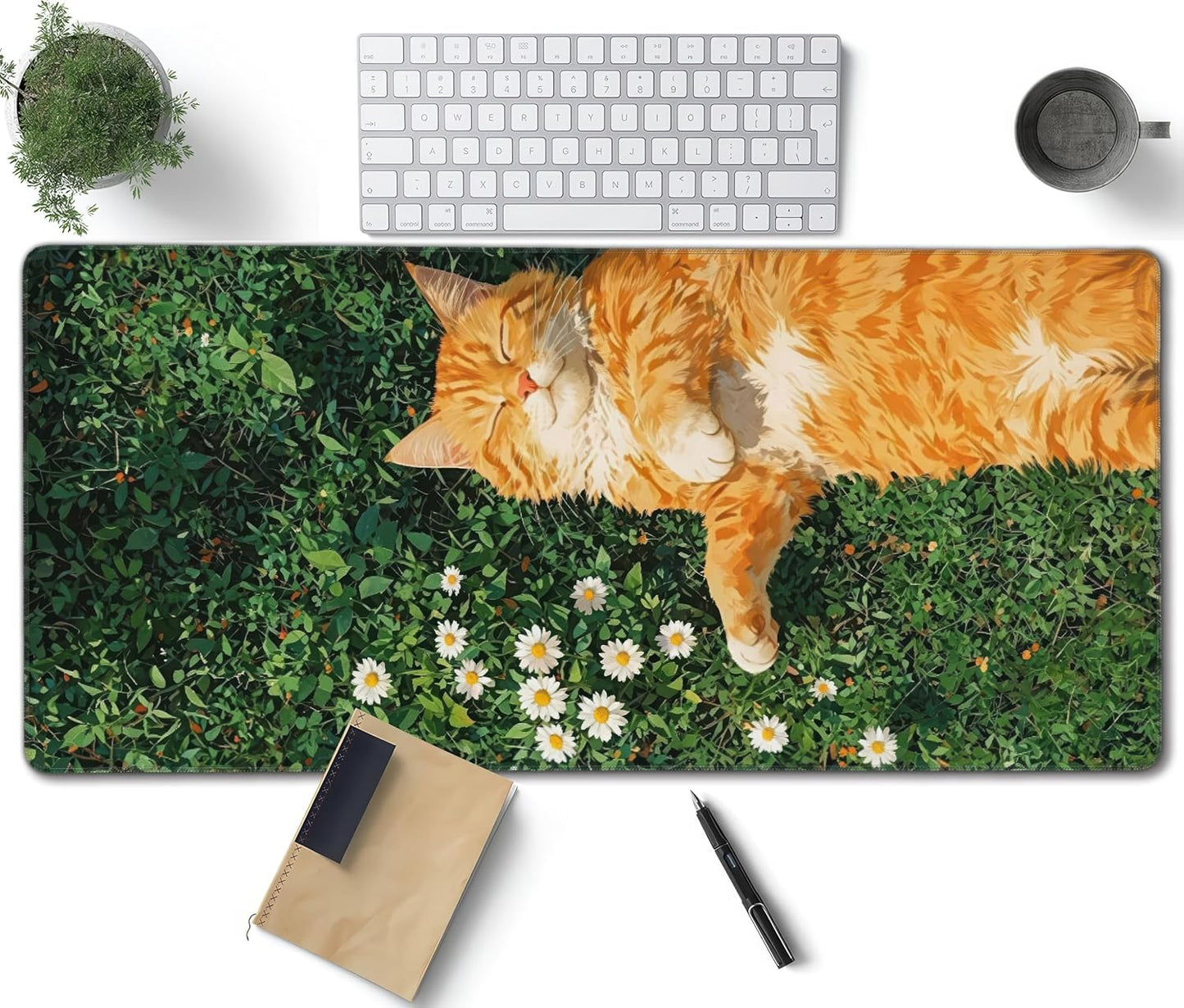 Cozy Cat Large Mouse Pad, Grass Daisy Gaming Desk Mat, XXL Keyboard Desk Pad Mat for Desktop, 35.4"x15.7" Non-Slip Base Big Mousepad with Stitched Edges