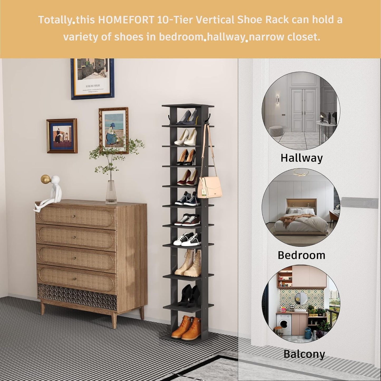 HOMEFORT 10-Tier Vertical Shoe Rack, Corner Shoe Tower, Slim Shoe Organizer with Two Hanging Hooks, Wooden Shoe Storage Stand for Entryway, Hallway, Closet (Black)