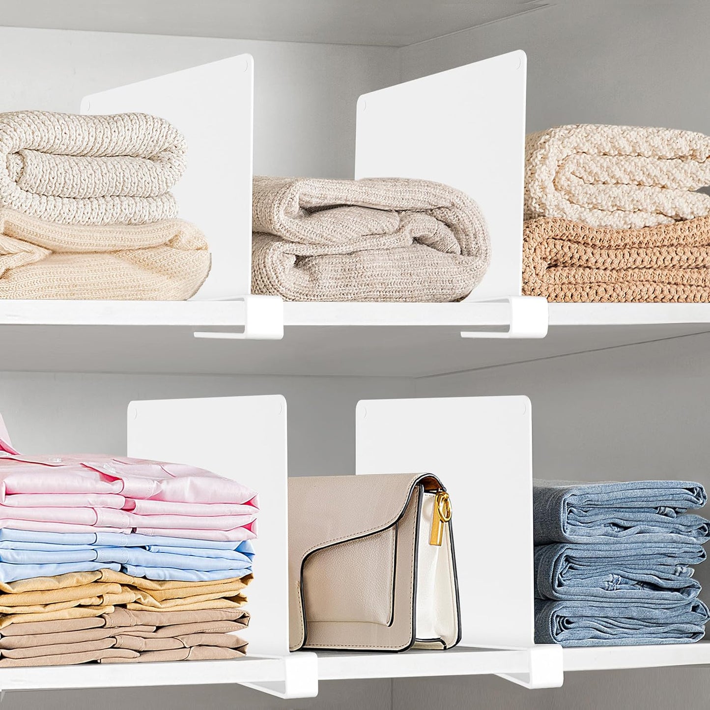 HBlife 6 Pcs White Acrylic Shelf Dividers, Vertical Purse Organizer for Closet Perfect for Sweater, Shirts, Handbags in Bedroom and Kitchen, Closet Separators for Organization Cabinet