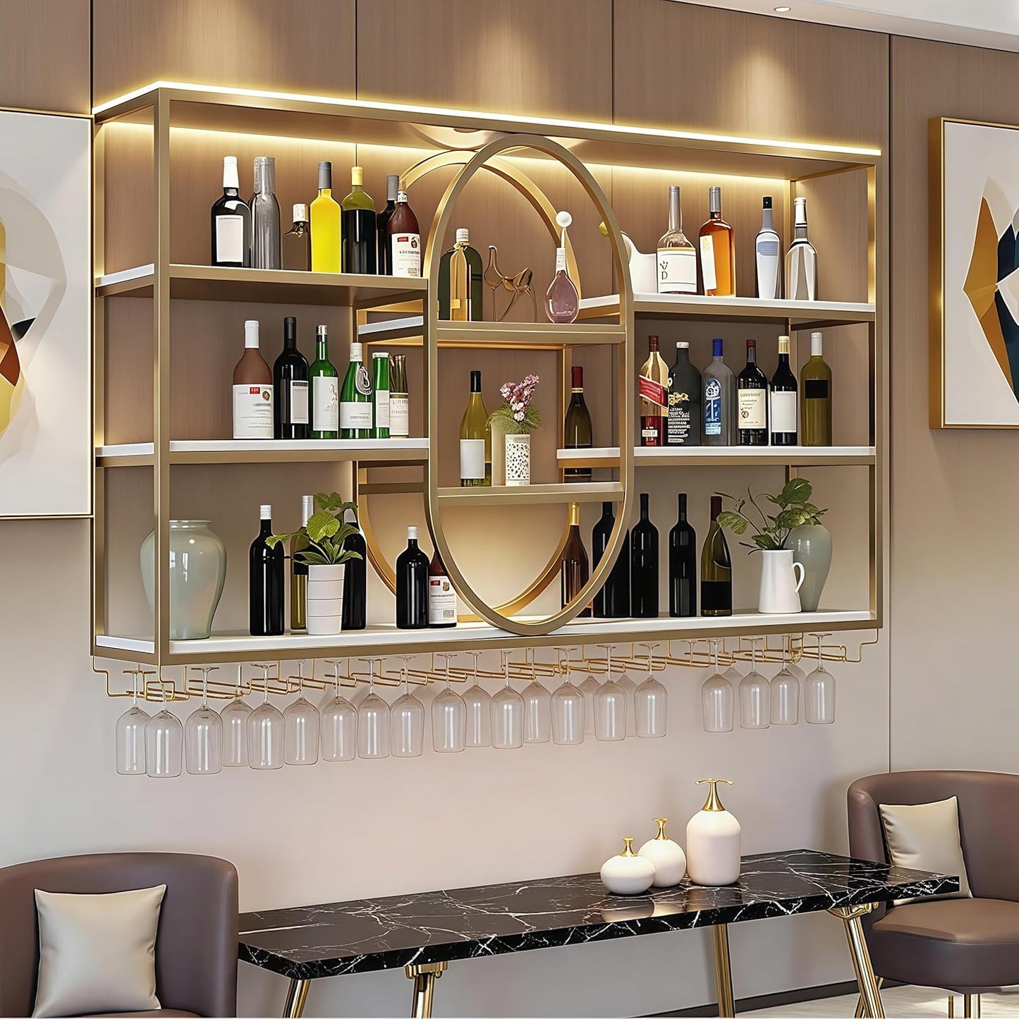 55.1IN Large Wall Mount Wine Rack, Metal 4 Tier Hanging Bottle Holder with Wine Glass Storage Racks, Modern Floating Wine Shelves for Home Bar Dining Room Decoration (Gold)
